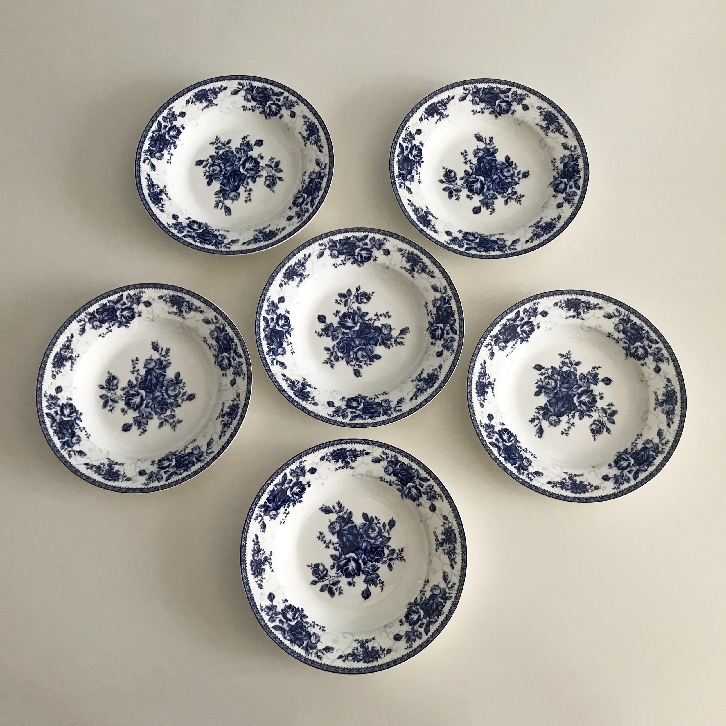 Kék, virágmintás, antik porcelántányér készlet, 6 db (20 cm)