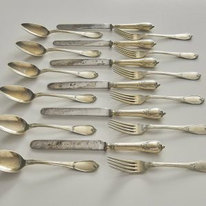 Evőeszközkészlet, díszes, ezüstözött, antik, alpakka - 18 db-os