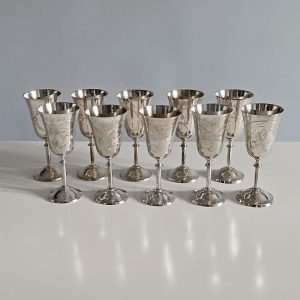 Serleg/kupa/kehely/boros pohár készlet - díszes, vésett mintájú alpakka (10 db)